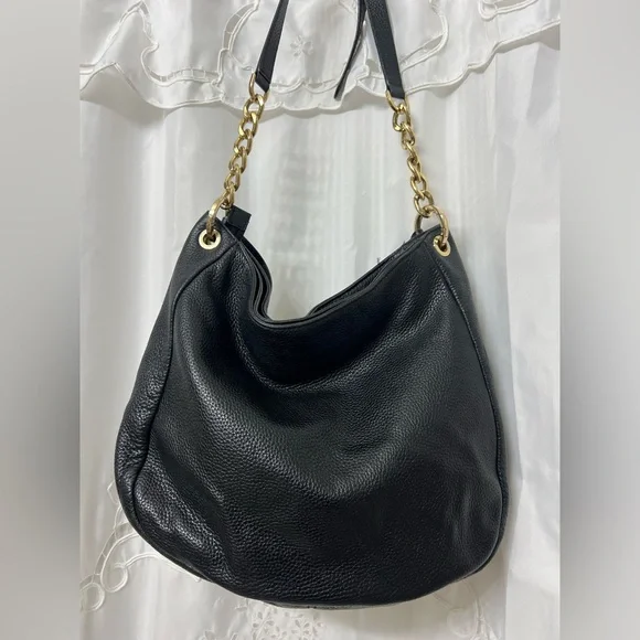 Michael Kors Bedford Large Black Pebbled Leather Shoulder Bag Gold Chain Hobo - Picture 7 of 13